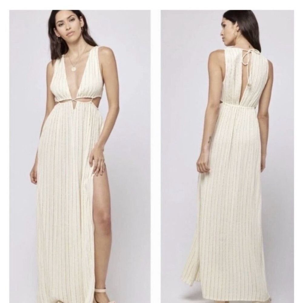 l*space Ivory Ribbed Maxi Dress with Plunge Neck and Cutouts